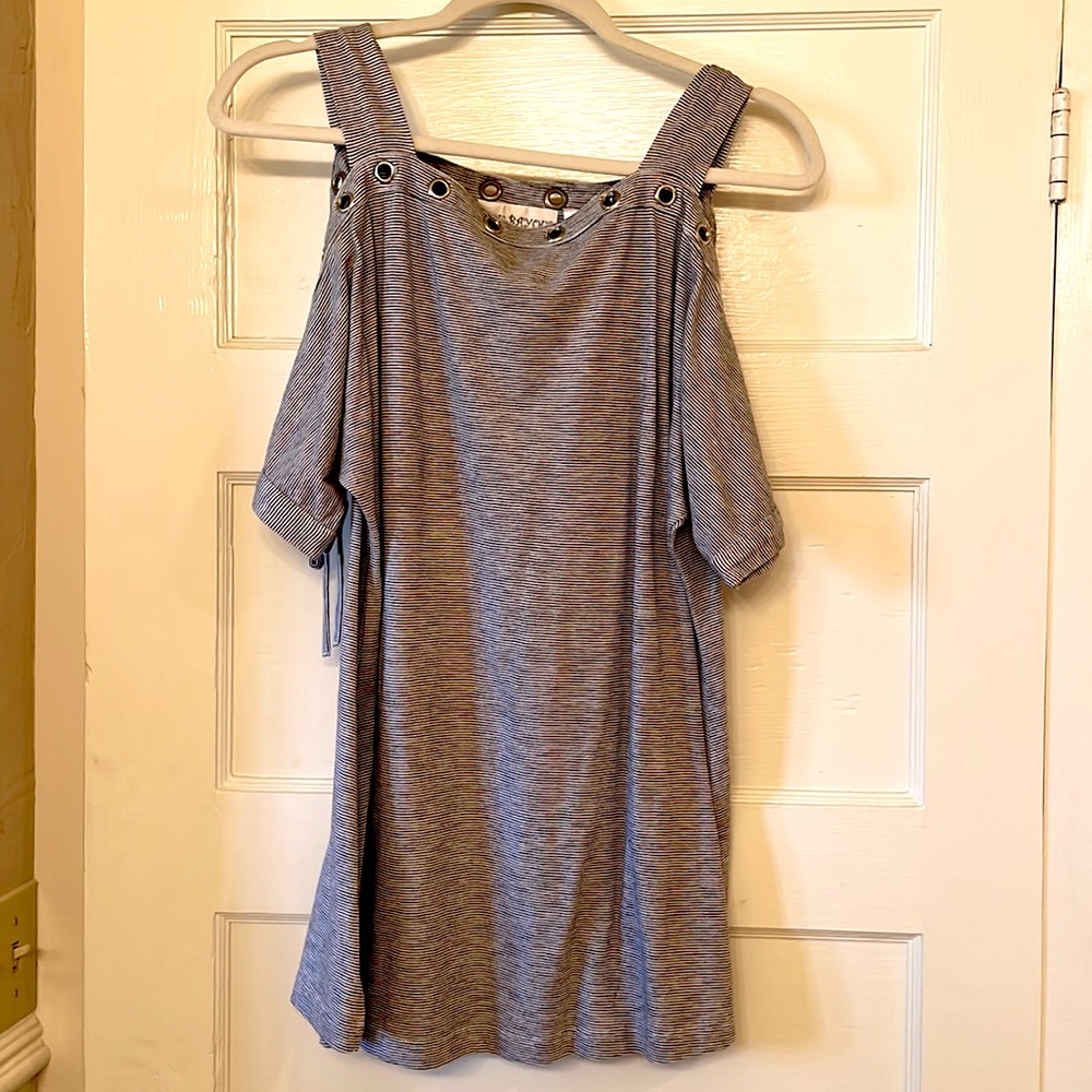 Bleu Bayou Short Striped Lace Up Sleeve Shirt with Ring Detail